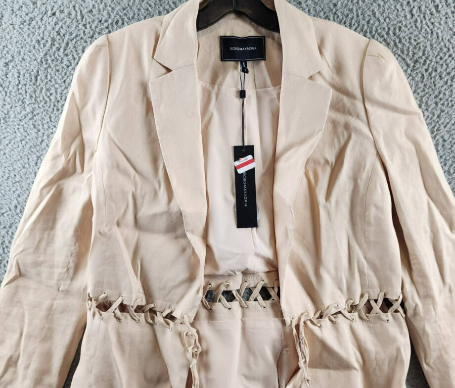 BCBGMAXAZRIA Linen Blend Lace Up Blazer Women's S Sand Long Sleeve Tie Closure