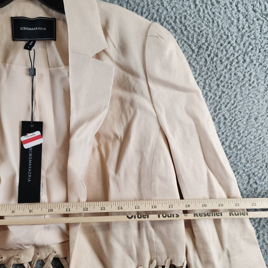 BCBGMAXAZRIA Linen Blend Lace Up Blazer Women's S Sand Long Sleeve Tie Closure