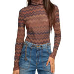 Ramy Brook Prudence Top Women's S Saddle Chevron Turtleneck Long Sleeve Pullover