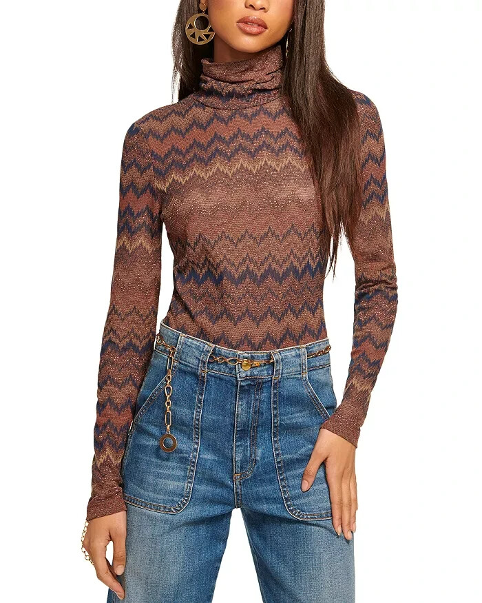 Ramy Brook Prudence Top Women's S Saddle Chevron Turtleneck Long Sleeve Pullover