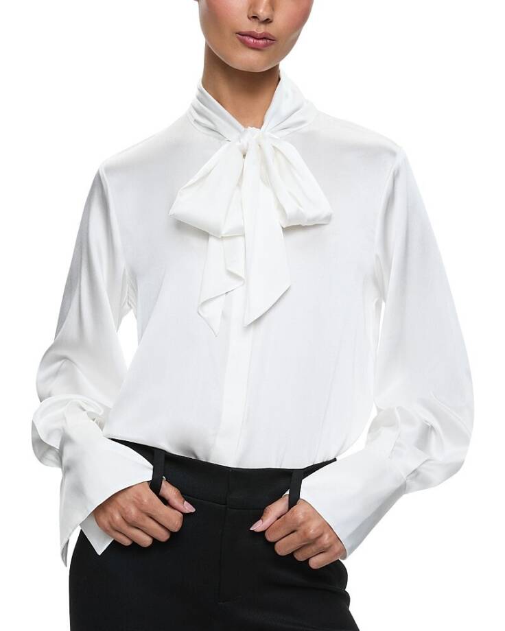 Alice + Olivia Lloyd Stretch Blouse Women's S Off White Round Neck Long Sleeves~