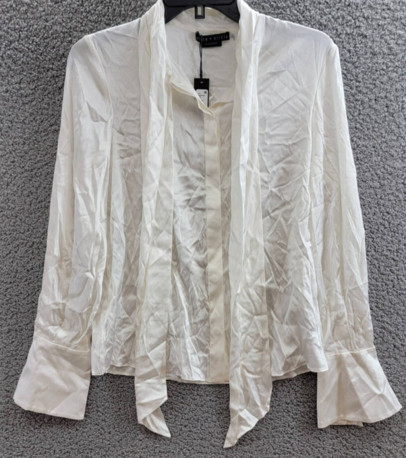 Alice + Olivia Lloyd Stretch Blouse Women's S Off White Round Neck Long Sleeves~
