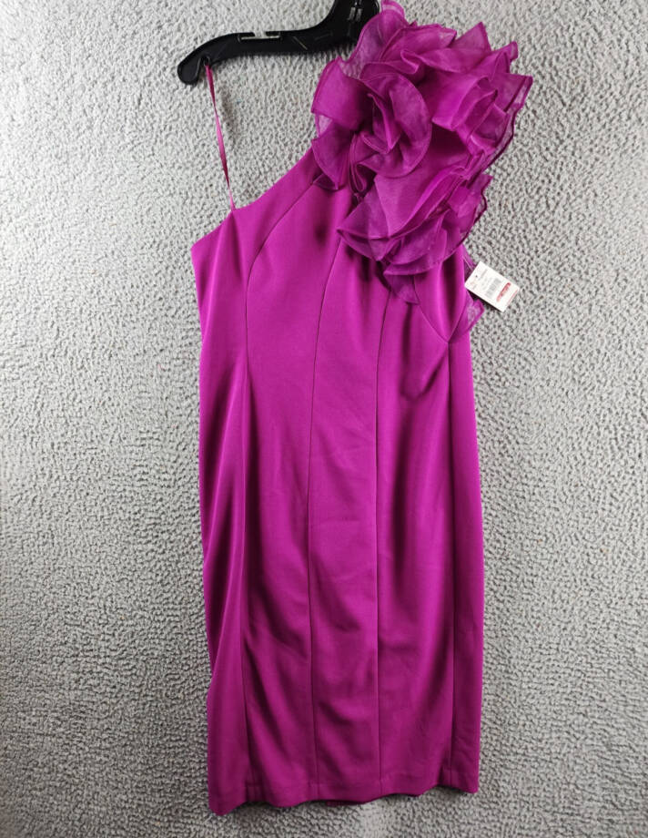 Marina Ruffled One Shoulder Sleeveless Sheath Dress Women's 4 Magenta Side Zip