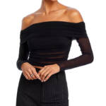 Alice + Olivia Isadola Off-the-Shoulder Ruched Top Women's L Black Long Sleeves~