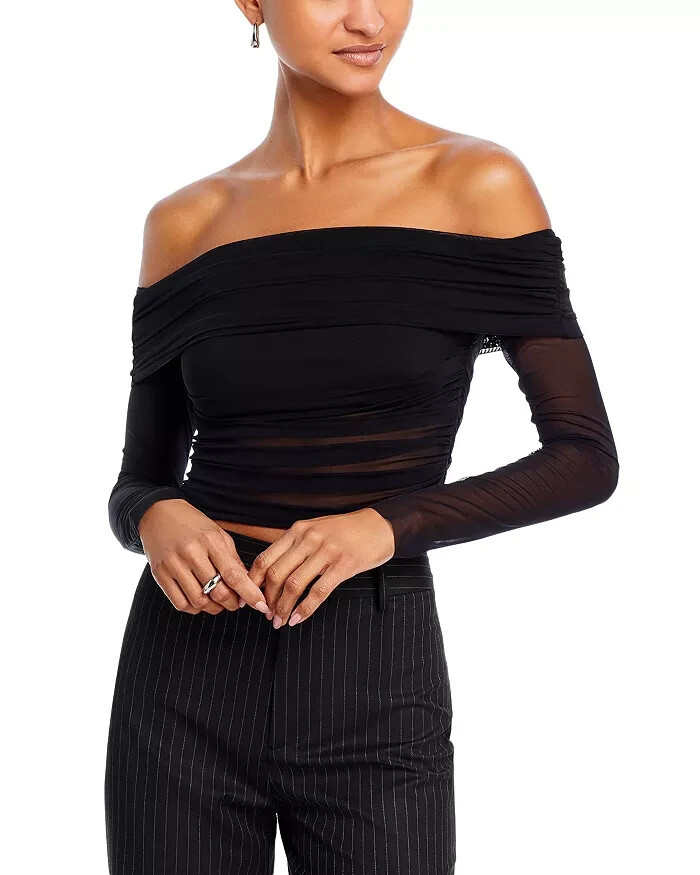 Alice + Olivia Isadola Off-the-Shoulder Ruched Top Women's L Black Long Sleeves~