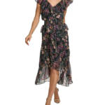 kensie V-Neck Ruffled Chiffon Midi Dress Women's 6 Black Multi Back Zip Closure