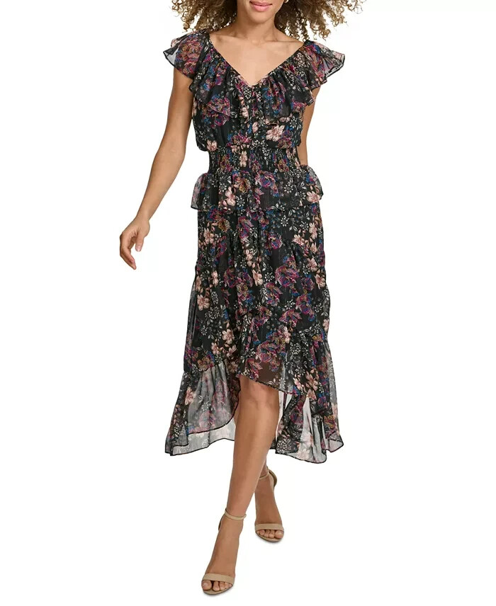 kensie V-Neck Ruffled Chiffon Midi Dress Women's 6 Black Multi Back Zip Closure