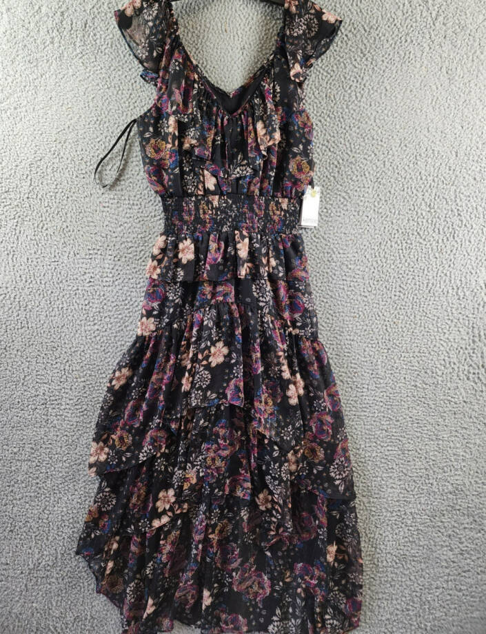 kensie V-Neck Ruffled Chiffon Midi Dress Women's 6 Black Multi Back Zip Closure