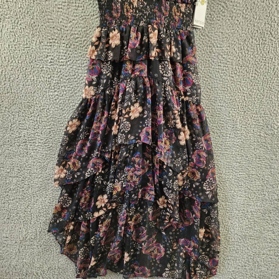 kensie V-Neck Ruffled Chiffon Midi Dress Women's 6 Black Multi Back Zip Closure