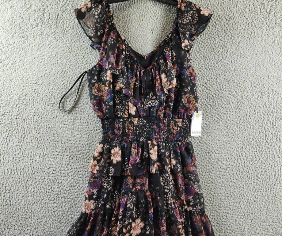 kensie V-Neck Ruffled Chiffon Midi Dress Women's 6 Black Multi Back Zip Closure