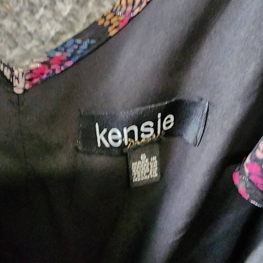 kensie V-Neck Ruffled Chiffon Midi Dress Women's 6 Black Multi Back Zip Closure