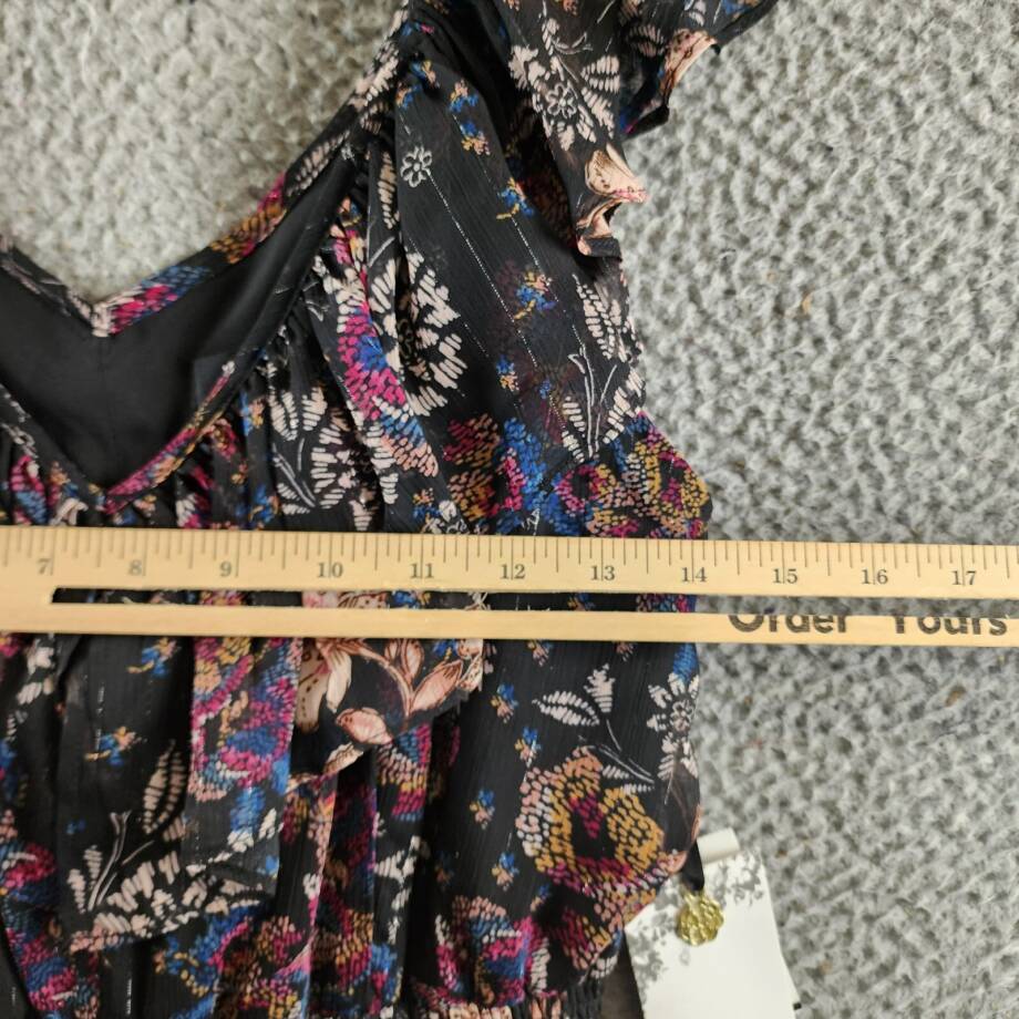 kensie V-Neck Ruffled Chiffon Midi Dress Women's 6 Black Multi Back Zip Closure
