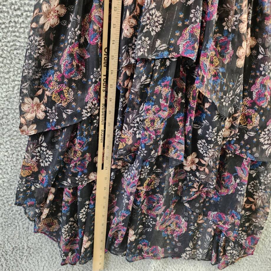 kensie V-Neck Ruffled Chiffon Midi Dress Women's 6 Black Multi Back Zip Closure