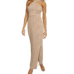 Siena Wavy-Texture Sleeveless Maxi Dress Women's 16 Taupe V-Neck Zip Closure~