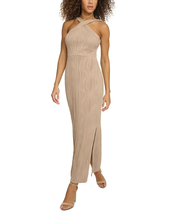 Siena Wavy-Texture Sleeveless Maxi Dress Women's 16 Taupe V-Neck Zip Closure~