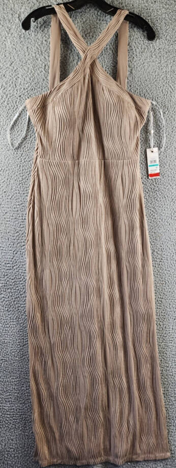 Siena Wavy-Texture Sleeveless Maxi Dress Women's 16 Taupe V-Neck Zip Closure~