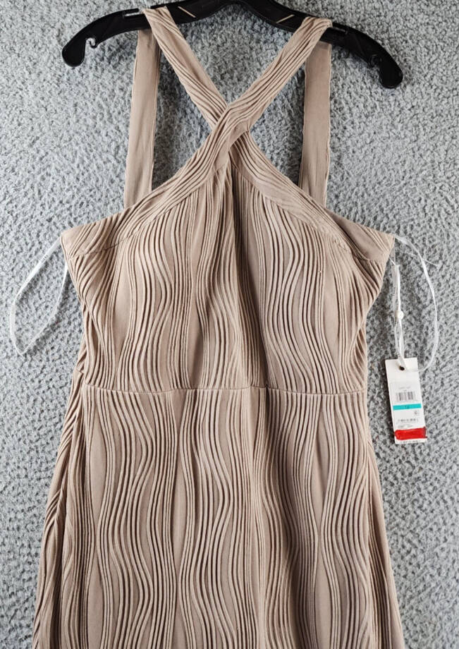 Siena Wavy-Texture Sleeveless Maxi Dress Women's 16 Taupe V-Neck Zip Closure~
