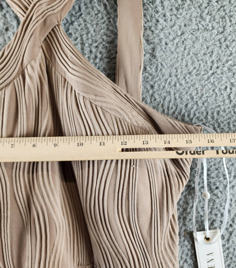Siena Wavy-Texture Sleeveless Maxi Dress Women's 16 Taupe V-Neck Zip Closure~