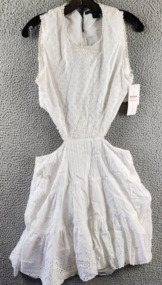 French Connection Esse Eyelet Cutout Sleeveless A-Line Dress Women 8 Linen White