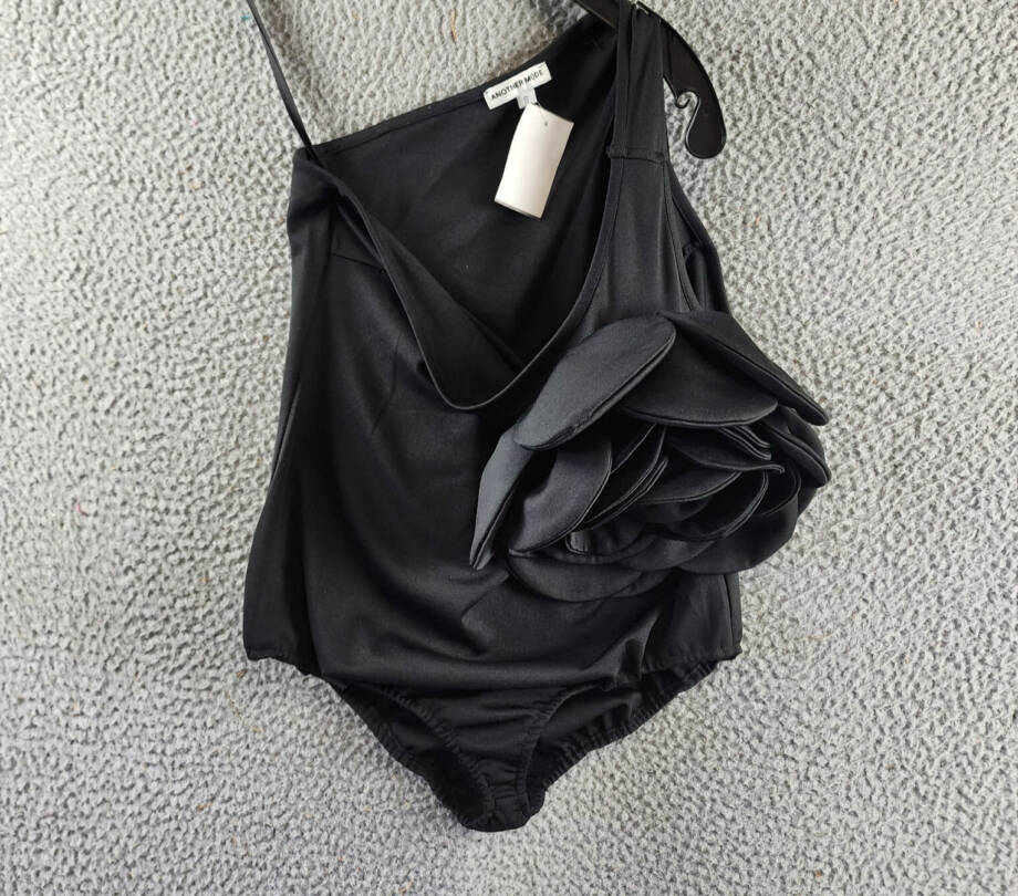 Another Mode Rose Applique One Shoulder Bodysuit Women's S Black Stretch Pull On
