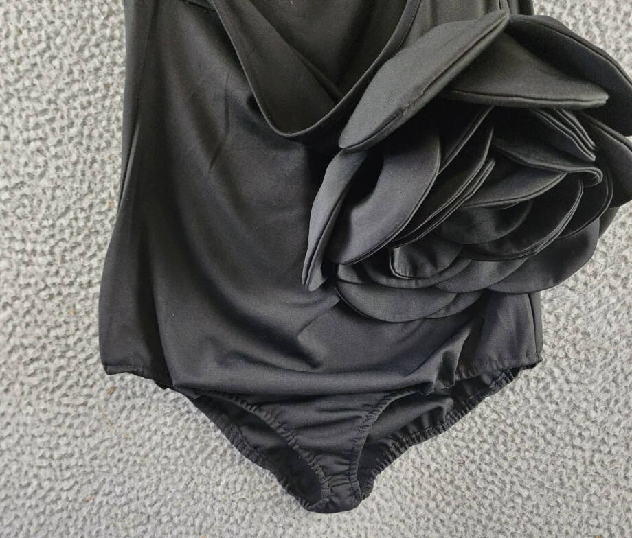 Another Mode Rose Applique One Shoulder Bodysuit Women's S Black Stretch Pull On