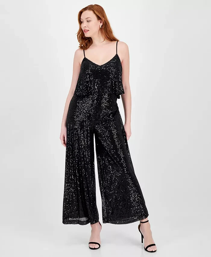 RACHEL Rachel Roy Veronica Sequined Jumpsuit Women's L Black V-Neck Back Zip