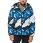 Club Room Stretch Hooded Puffer Jacket Men's L Ski Print Full Zip Long Sleeve