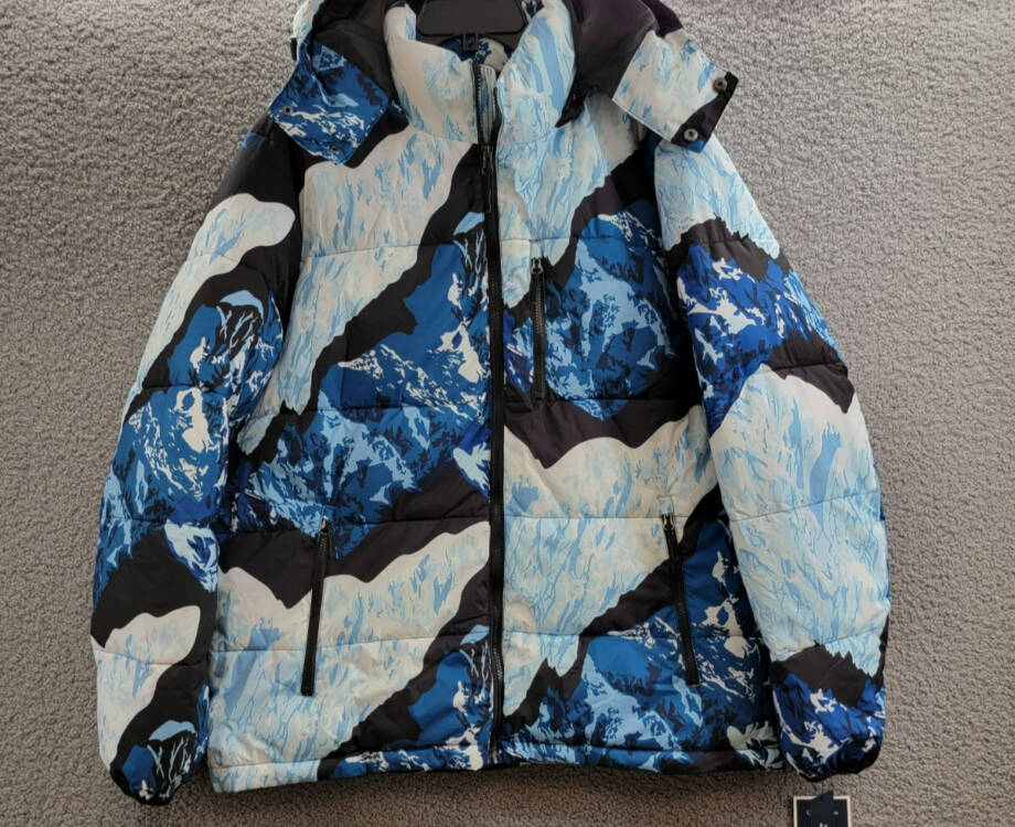 Club Room Stretch Hooded Puffer Jacket Men's L Ski Print Full Zip Long Sleeve