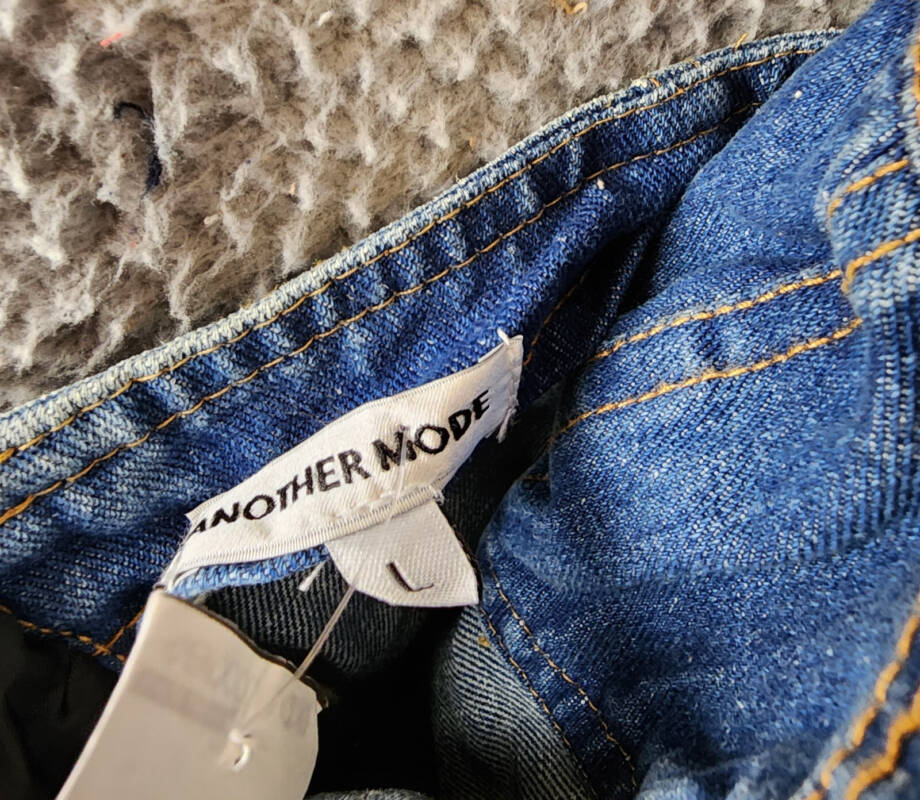 Another Mode Denim Mini Dress Women's L Blue Two Side Slant Pocket Strapless