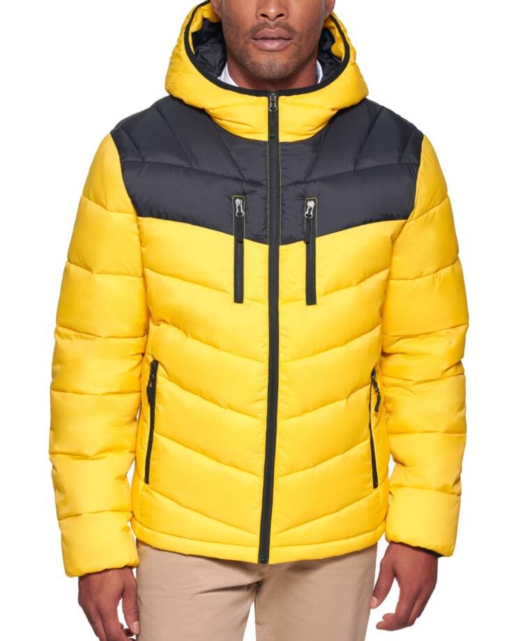 Club Room Chevron Quilted Hooded Puffer Jacket Men's L Yellow Zip Closure L/S~