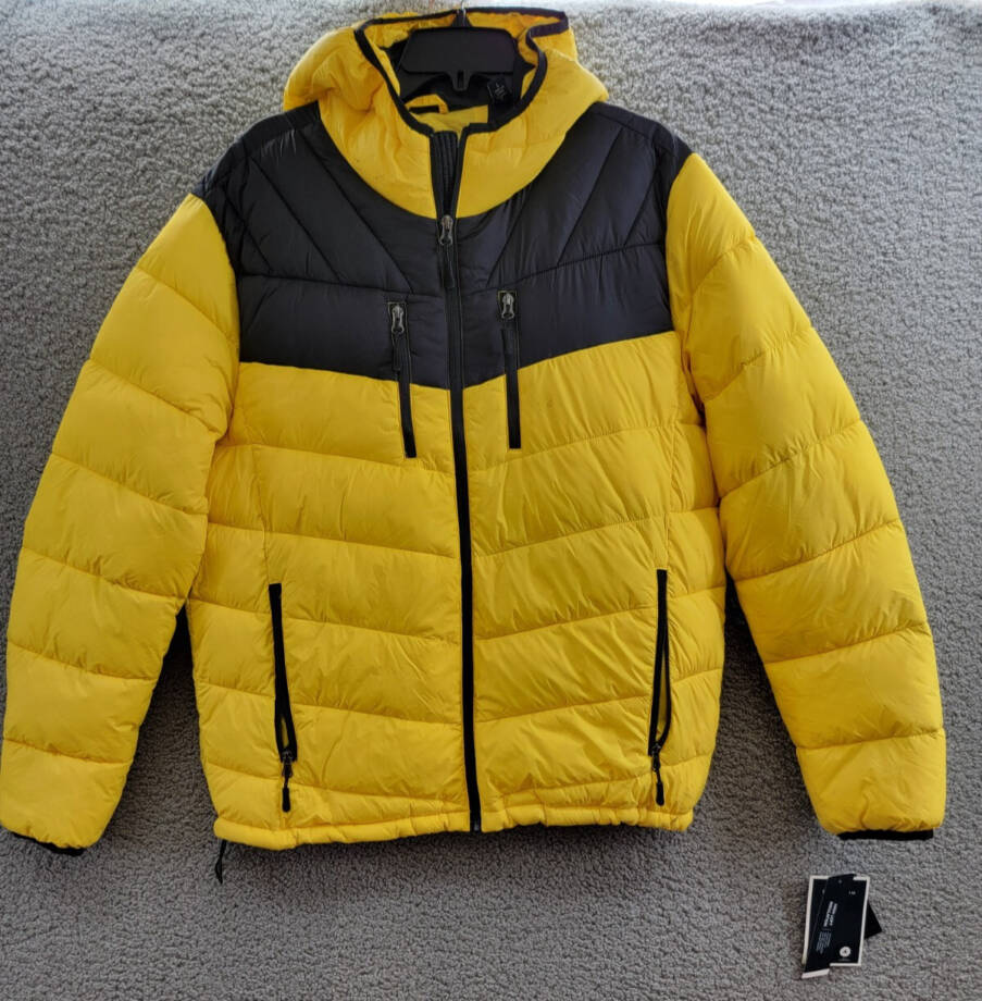 Club Room Chevron Quilted Hooded Puffer Jacket Men's L Yellow Zip Closure L/S~