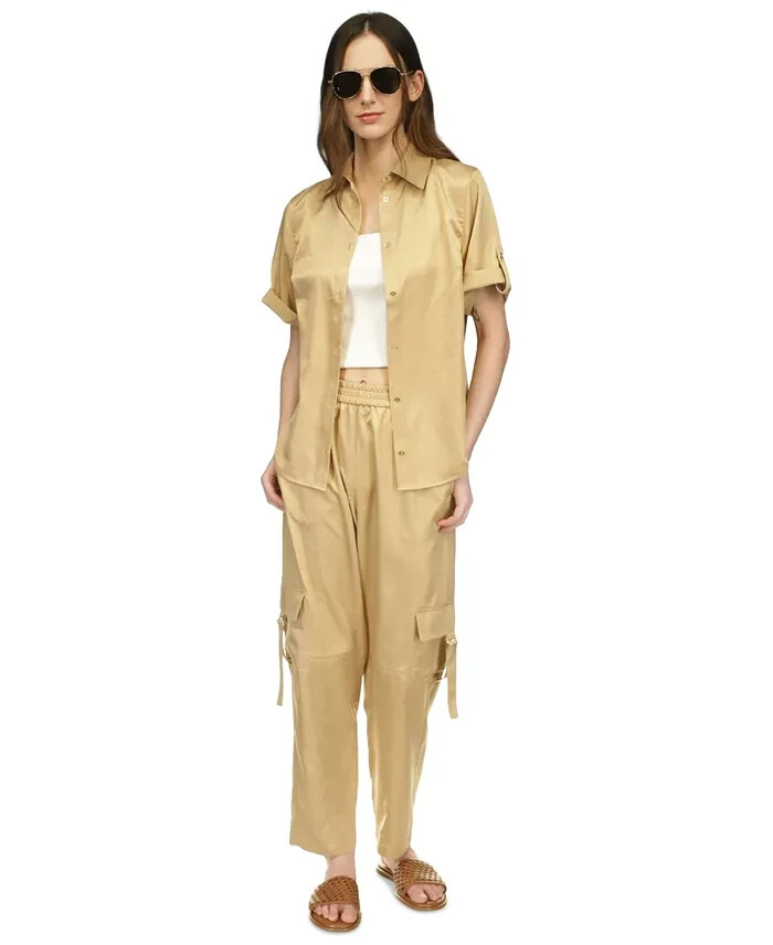 MICHAEL Michael Kors Utility Pull-On Pants Women's L Khaki Solid Elastic Waist
