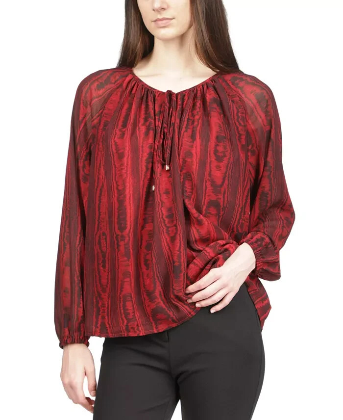 MICHAEL Michael Kors Tie-Neck Top Women's M Rhubarb Printed Long Sleeve Pullover