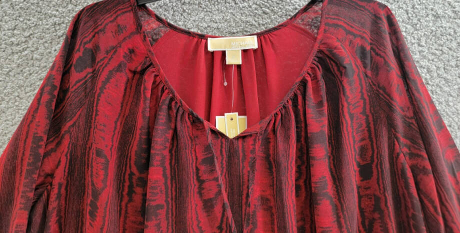 MICHAEL Michael Kors Tie-Neck Top Women's M Rhubarb Printed Long Sleeve Pullover