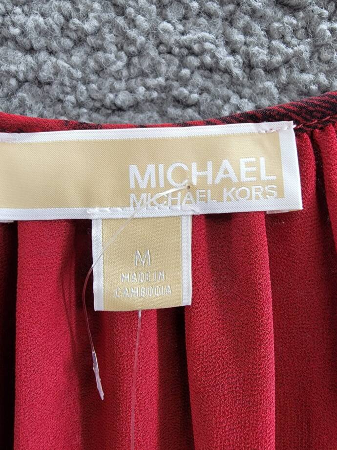 MICHAEL Michael Kors Tie-Neck Top Women's M Rhubarb Printed Long Sleeve Pullover