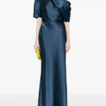 Amsale Off-Shoulder Draped Maxi Dress Women's 0 Navy Solid Back Zip Closure
