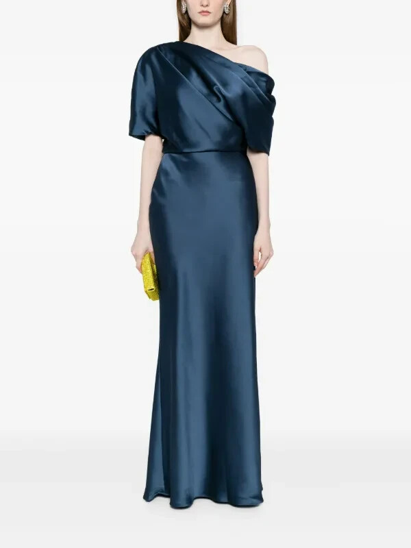 Amsale Off-Shoulder Draped Maxi Dress Women's 0 Navy Solid Back Zip Closure