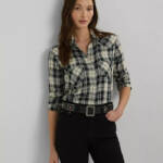 Lauren Ralph Lauren Embroidered Plaid Shirt Women's M Black/Cream Snap Closure