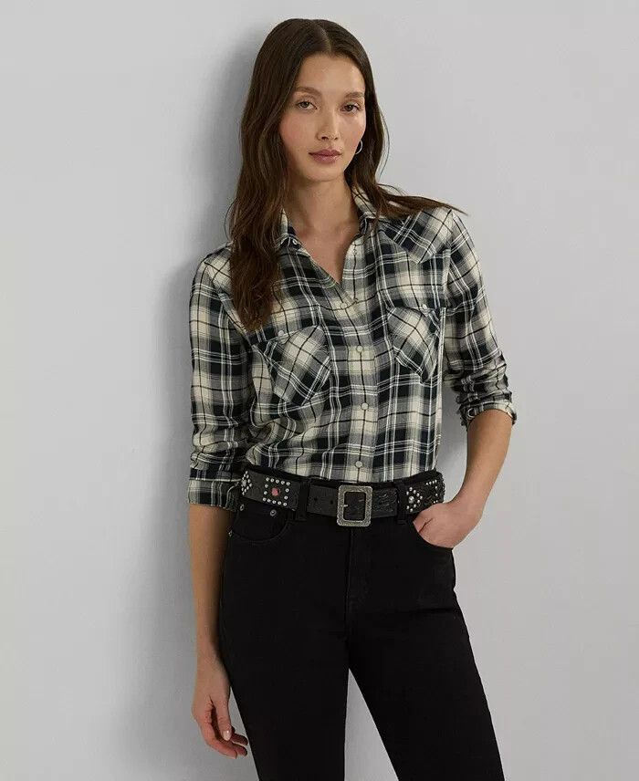 Lauren Ralph Lauren Embroidered Plaid Shirt Women's M Black/Cream Snap Closure