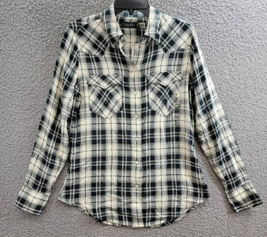 Lauren Ralph Lauren Embroidered Plaid Shirt Women's M Black/Cream Snap Closure