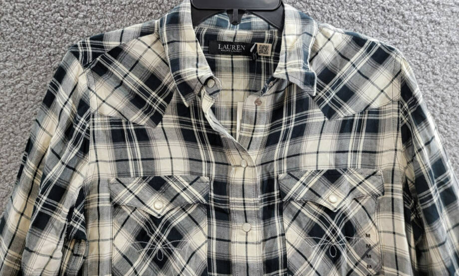 Lauren Ralph Lauren Embroidered Plaid Shirt Women's M Black/Cream Snap Closure