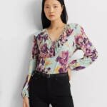 Lauren Ralph Lauren Ruffle Blouson-Sleeve Top Women's M Light Green Linen Blend