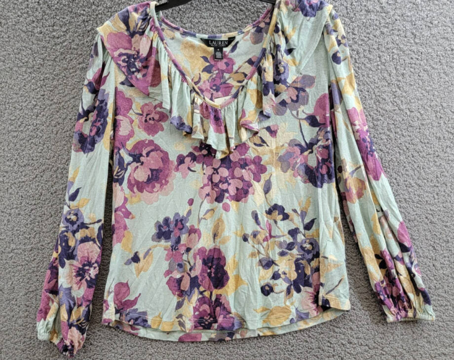 Lauren Ralph Lauren Ruffle Blouson-Sleeve Top Women's M Light Green Linen Blend