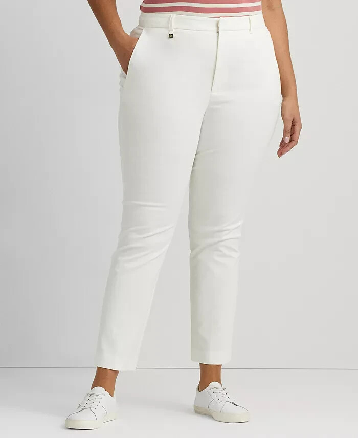 Lauren Ralph Lauren Plus Size Stretch Crop Pants Women's 18W White Zip Hook&Bar