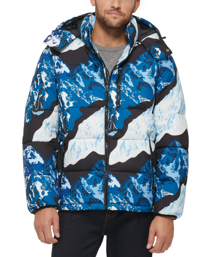 Club Room Stretch Hooded Puffer Jacket Men's Ski Print Side Pockets Full Zip XXL