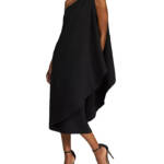 HALSTON Aries Draped One Shoulder Crepe Midi Dress Women's 6 Black Pullover