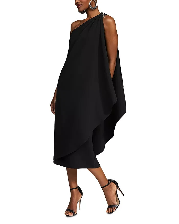 HALSTON Aries Draped One Shoulder Crepe Midi Dress Women's 6 Black Pullover
