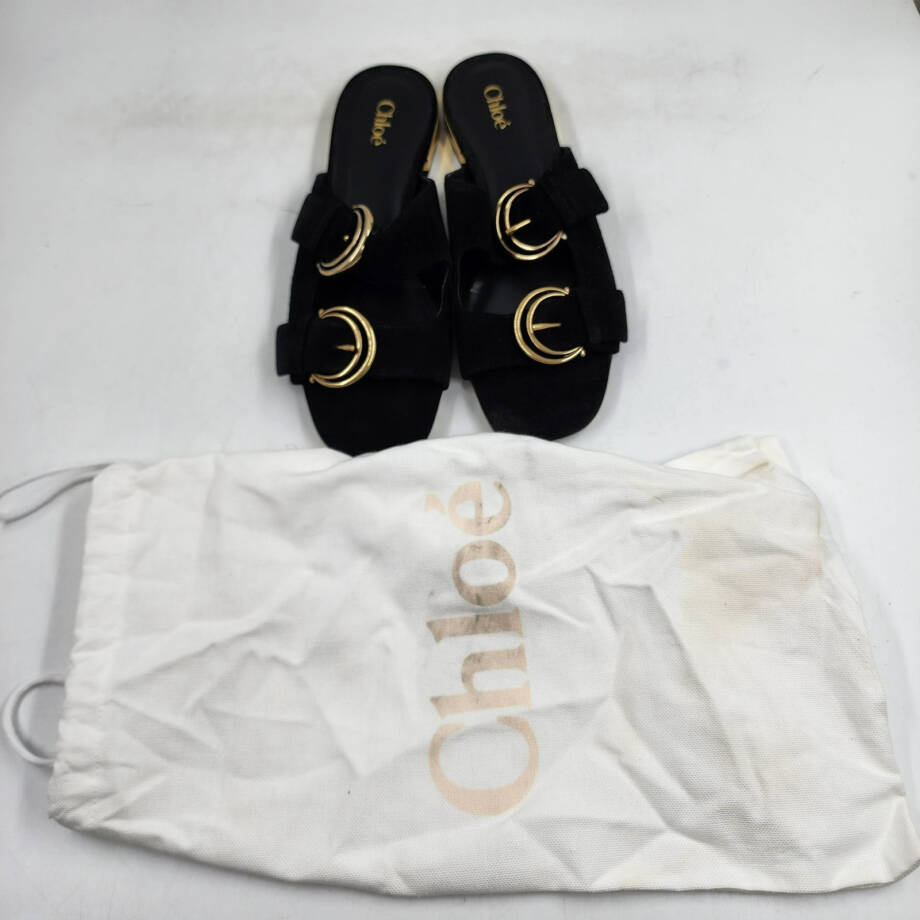 Chloé Alize Buckled Slide Sandals Women's 6.5US Black/Gold Open Toe Slip On