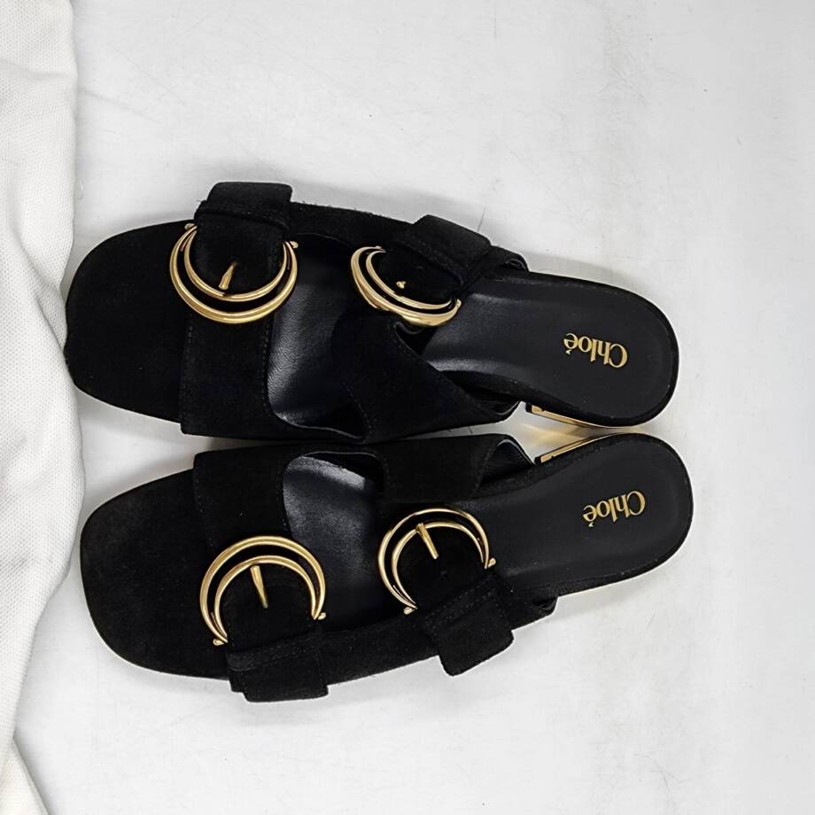 Chloé Alize Buckled Slide Sandals Women's 6.5US Black/Gold Open Toe Slip On
