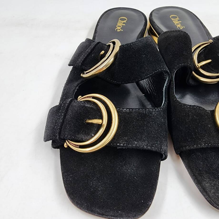Chloé Alize Buckled Slide Sandals Women's 6.5US Black/Gold Open Toe Slip On